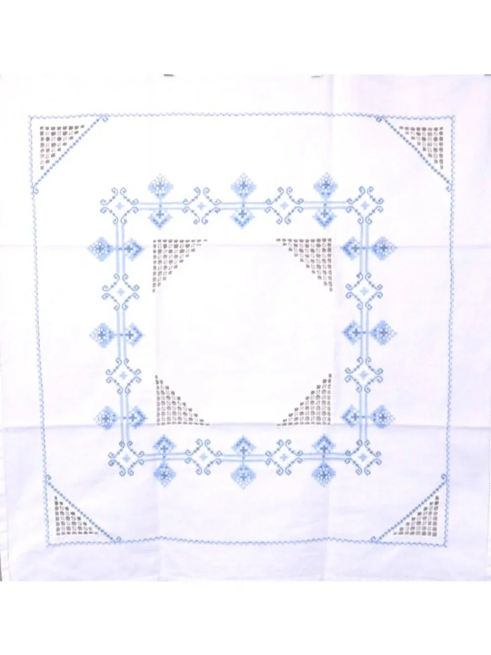 Vintage hand embroidered needlepoint cotton tablecloth blue & white 33 x 33.5